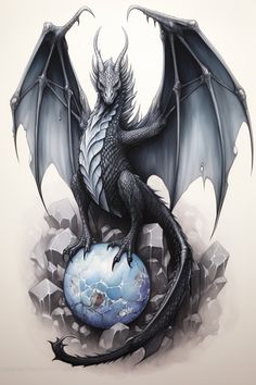 a drawing of a dragon sitting on top of a globe