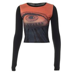 Long Sleeve Y2k Top, Aesthetic Eye, Round Neck Crop Top, Black Tees, 2000s Clothes, Mesh Tops, Patchwork Top, Eye Print, Y2k Clothes