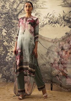 Kalista-Sage Green Straight Kurta Set-INDIASPOPUP.COM Blouse Yoke, Crepe Pants, Fancy Suit, Printed Dupatta, Checkered Print, Straight Kurta, Floral Geometric, Lace Border, Border Print