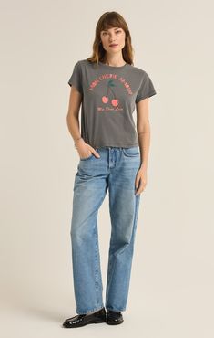 Mon cherie, we found your new favorite tee, complete with the sweetest cherry graphic. The regular fit gives you plenty of room to layer under or wear this everyday top as a standalone. Cherry Graphic, Free People Swim, Fall Winter Shoes, Shady Lady, Swimwear Store, New Instagram, Denim Top, Denim Dress, Jumpsuit Dress