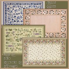 an assortment of rugs and place mats with floral designs in various colors, patterns and sizes