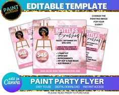 three pink and gold party flyer templates with an image of a woman's face on