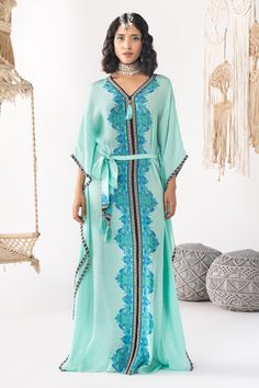 Buy Blue Crepe Printed Floret V Neck Kaftan For Women by Chhavvi Aggarwal Online at Aza Fashions. Designer Kaftan Dresses, Designer Kaftan, Beach Kaftan Dress, V Neck Kaftan, Cotton Kaftan Dress, Chiffon Kaftan, Kaftan Gown