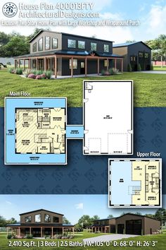 two story house plan with 2 car garage and living room in the back ground level