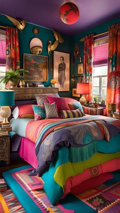 Dive into a symphony of design elements that come together harmoniously in the enchanting realm of maximalist decor. Embrace the philosophy that life is a canvas, and your home is an exquisite masterpiece waiting to be created. Discover the allure of #HarmoniousMaximalism and redefine your space with CozySpiritStudio.etsy.com Bedroom Interior Colour, Colorful Boho Bedroom, Bedroom Chic, Moroccan Colors, Rustic Bed Frame, Maximalist Bedroom, Casa Vintage, Bohemian Bedroom Decor, Bohol