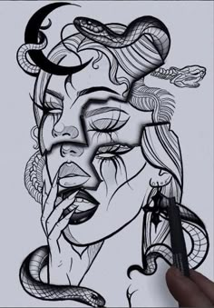 a drawing of a woman's face with snakes on her head and hands holding scissors