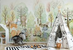 a child's room with a teepee tent and animals painted on the wall