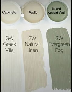 four different shades of paint with names on them and the words sw, creek, evergreen fog