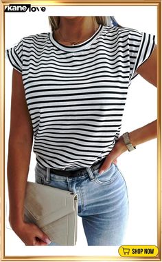 Striped Rolled Cap Sleeve Round Neck T Shirt Striped Stretch T-shirt For Summer, Summer Striped Stretch T-shirt, Striped Crew Neck Tops For Summer, Cap Sleeve, Cap Sleeves, Neck T Shirt, Round Neck, T Shirt