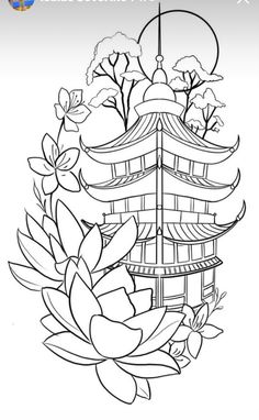 the chinese pagoda with flowers and leaves