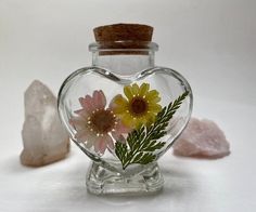 three flowers in a heart shaped glass vase next to some rocks and a piece of wood