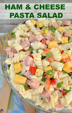 ham and cheese pasta salad in a glass bowl