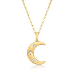 Ross-Simons - .10ct t. w. Diamond Moon Pendant Necklace in 14kt Yellow Gold. 16". RS Pure. Modern designs that complete your outfit and complement your personality. A stellar addition to any chic layered look, this celestial 14kt yellow gold necklace features a moon with .10 ct. t. w. round brilliant-cut diamonds in white rhodium. Suspends from a cable chain with a 2" extender. Springring clasp, diamond moon pendant necklace. Diamond birthstones are the perfect gift for April birthdays. Yellow Gold Diamond Necklace With Moon Charm, Anniversary Celestial Yellow Gold Diamond Necklace, Diamond Necklace With Moon Charm For Anniversary, Moon-shaped Diamond Necklace With Accents, Moon Shaped Diamond Necklaces With Accents, Moon Shaped Diamond Necklace With Accents, Round Diamond Necklace With Moon Charm, Celestial Diamond Necklace With Polished Finish, Pendant Necklace Diamond