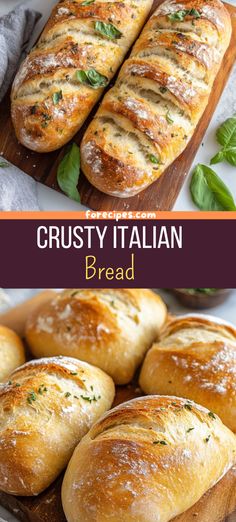 some bread is sitting on a cutting board with basil sprigs around it and the words crusty italian bread