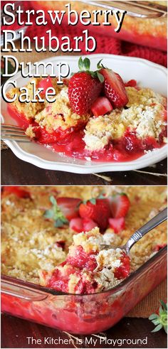 Pan and dessert plate of Strawberry Rhubarb Dump Cake Strawberry Rhubarb Dump Cake, Strawberry Rhubarb Cake