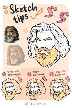 the steps to draw an old man's face with different facial shapes and hair