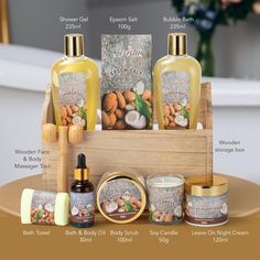 10 PIECE PAMPERING SPA SET - Our 10 piece spa sets for women include Bubble Bath, Shower Gel, Epsom Salt, Bath and Body Oil, Body Scrub, Soy Candle (Coconut Honey Almond scent), Leave On Night Cream, Bath Towel, Wooden Face and Body Massager Tool, inside a Wooden Storage Box. COCONUT & HONEY ALMOND - A premium self care gift basket featuring the sumptuous aroma and buttery-smooth feel of coconut along with honey almond, so you can enjoy all the fragrances and ingredients you expect from a premie Spa Baskets, Gift Basket For Women, Almond Scent, Bath & Body Gift Set, Care Basket, Epsom Salt Bath, Salt Bath, Spa Gift Set, Gift Baskets For Women