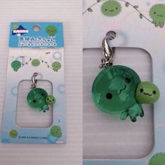 two key chains with green cartoon characters on them