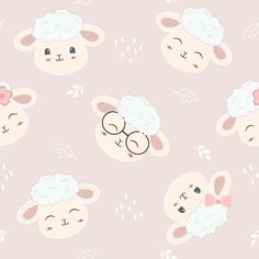 seamless pattern with sheeps and leaves on a pink background stock illustration