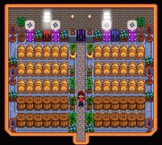 an old - school computer game with lots of barrels and plants in the middle of it