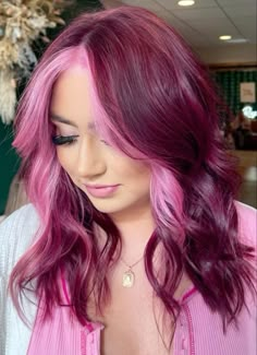 Vibrant Red Purple Hair, Hair Colour Ideas Vibrant, Red On Red Hair Color, Easy Style For Medium Hair, Purple Pink Underneath Hair, Light Brown And Colored Hair, Pink On Top Blonde On Bottom Hair, Burgundy Hair With Purple Money Piece, Bright Summer Hair Color Fun