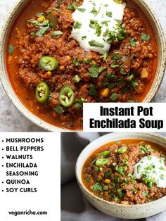 instant pot enchilada soup recipe in a bowl with sour cream on top