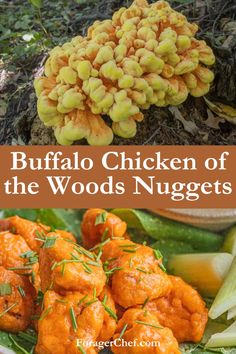 two pictures with the words buffalo chicken of the woods nuggets in front of them