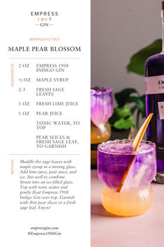 a bottle of maple pear blossom next to a purple cocktail