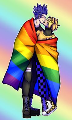 a drawing of a person with a rainbow colored blanket on his back, kissing another person's head