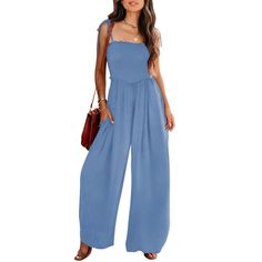 Features: The 2024 summer casual rompers with smocked bodice, square neck and tie knot adjustable spaghetti straps, sleeveless cami tank jumpsuit, sexy low cut on the back, ruffle elastic high waist, fit and flare jumpsuits, casual loose long pants rompers, 2 pockets on the side, classic plain solid color, dressy wide leg maternity rompers, summer outfits. Spaghetti strap design makes you look sexy and wide legs make you look thinner. Summer Solid Color Overall Jumpsuit/romper, Cotton Jumpsuits And Rompers With Tie Straps For Vacation, Cotton Jumpsuit With Tie Straps For Vacation, Solid Smocked Bodice Jumpsuits And Rompers For Spring, Smocked Bodice Jumpsuits And Rompers For Spring, Solid Smocked Bodice Jumpsuits For Spring, Casual Solid Jumpsuits And Rompers With Spaghetti Straps, Summer Tie Back Jumpsuits And Rompers For Day Out, Spring Tie Back Jumpsuits And Rompers