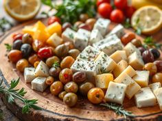 olives, cheese and tomatoes are arranged on a cutting board next to lemons