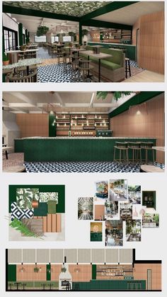 the interior of a restaurant with green and white walls