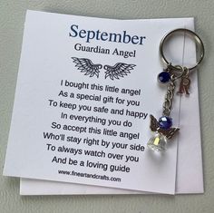 This keychain comes attached to a card with the saying  I bought this little angel As a special gift for you To keep you safe and happy In everything you do So accept this little angel Who'll stay right by your side To always watch over you And be a loving guide Each keychain is handmade and can be personalised with either a September birthstone charm or initial or both. If you would like an initial, birthstone or both choose the appropriate option and let me know in the personalisation box whic Personalized Silver Keychain Gift, Handmade Blue Keychain For Gift, Handmade Blue Keychain As Gift, Birthday Gift Friend, Guardian Angel Gifts, Angel Bag, September Birthday, Angel Gifts, Gift Friend