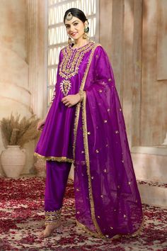 Violet short anarkali with floral pattern gota embroidery. Comes with matching salwar and dupatta. - Aza Fashions Anarkali Jamawar Sharara With Zari Work, Anarkali Style Sharara In Jamawar With Zari Work, Designer Anarkali Sharara With Dabka Work, Anarkali Sharara With Dabka Work For Designer Wear, Anarkali Dola Silk Designer Sets, Designer Eid Anarkali Set With Resham Embroidery, Eid Dola Silk Sharara With Dabka Work, Eid Dabka Work Sharara In Dola Silk, Anarkali Jamawar Set With Zari Work