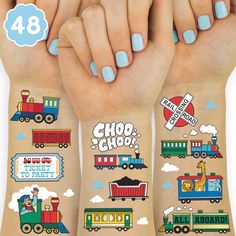 two hands with green nail polish and tattoos on their arms, both showing different types of trains