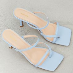 Blue Toe Loop Low Heel Mules Faux Leather Slip-On 3" Heel Blue Square Toe Heels For Spring, Blue Square Toe Synthetic Sandals, Blue Synthetic Square Toe Sandals, Blue Synthetic Sandals With Square Toe, Blue Heels With Square Toe, Blue Fitted Heels With Square Toe, Blue Square Toe Heels, Blue Mules, Blue Low Heels