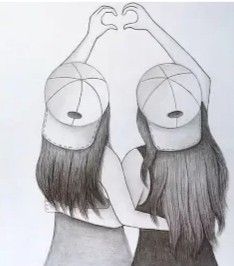 a drawing of two women making the shape of a heart with their hands and arms