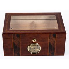 a wooden box with a clock in it