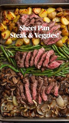 steak, potatoes and green beans on a sheet pan with mushrooms in the middle for garnish