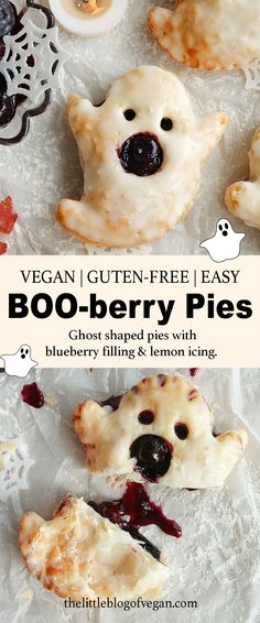 ghost shaped pastries with blueberry filling Cute Easy Baked Goods, Gluten Free Sleepover Snacks, Kids Fall Recipes, Vegan Gluten Free Halloween Recipes, Ghost Pop Tarts, Halloween Bake Off Ideas, Homemade Halloween Treats Desserts, Halloween Food Vegetarian, Halloween Mini Pies