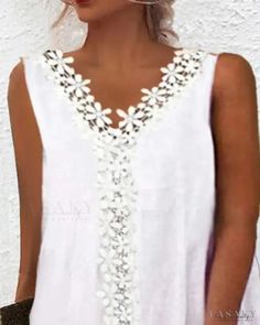 Lasaky - V-Neck Contrast Lace Sleeveless Shift Dress White V-neck Bohemian Sleeveless Dress, White Bohemian V-neck Sleeveless Dress, White Tank Dress For Spring, White Tank Dress For Summer, Sleeveless Shift Dress, Olivia Mark, Shift Dress, Lace Top, V Neck