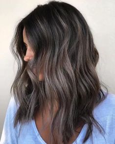 Growing Out Balayage, Beige Blonde Highlights On Dark Hair, Long Bob Hair Color, Hair Color Ideas For Brunettes Short, Ash Gray Hair Color, Hair Ideas Medium Length, Ash Balayage, Mushroom Hair