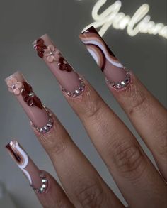 Cute And Easy Nails, Summer Nails Coffin, Maroon Nail, Brown Acrylic Nails, Nails Art Designs, Easy Nails, Nails Design With Rhinestones