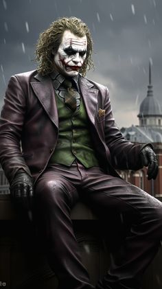 the joker sitting on top of a building with his hands in his pockets and wearing a suit