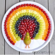 a white plate topped with fruit and a fake turkey on top of it's head