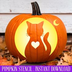 a pumpkin carved to look like a cat with the words pumpkin stencil instant download