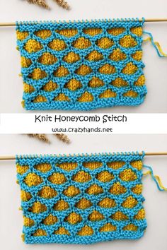 two pictures showing the same stitch on each side of a knitted dishcloth, one with