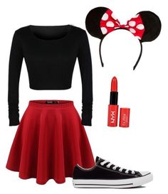 a red skirt and black shirt with minnie mouse ears on top, converse shoes and lipstick