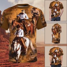 Saddle up in style with our Cowboy Western All-Over Print Tee! Embrace the spirit of the wild west with this cattle drive-inspired shirt. Perfect for western art enthusiasts and cowboys at heart, this tee is a must-have for those who crave a touch of the frontier in their fashion. Yeehaw!  Description: 100% Polyester  Light fabric   Regular fit  Tagless  Runs true to size Print Style Print style is DTG (direct to garment) printing- the design is not vinyl and doesn't         sit on top of the garment, so there is no flaking or peeling. Design is printed into the fabric, not just on top. Care Instructions For best results wash the shirt inside out (1st time in cold water) and tumble dry on low or hang to dry. Do NOT bleach Do NOT dry clean Do NOT iron directly on the design Sizing This is a Western Style T-shirt For Rodeo, Country Style Short Sleeve T-shirt For Rodeo, Western Style Crew Neck T-shirt For Themed Events, Western Style Crew Neck T-shirt With Graphic Print, Graphic Print Crew Neck T-shirt For Country Events, Western Graphic Print Tops For Western-themed Events, Country Style Short Sleeve T-shirt For Ranch, Graphic Print Short Sleeve T-shirt For Country Events, Graphic Print T-shirt For Western-themed Events