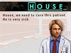 the title screen for house m d, which features a man in a lab coat and tie